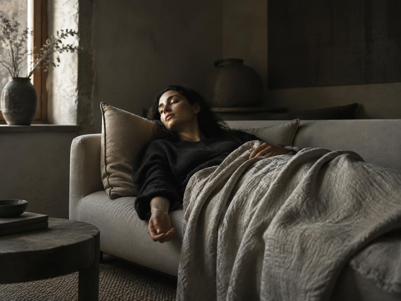 A person resting with eyes closed in soft window light