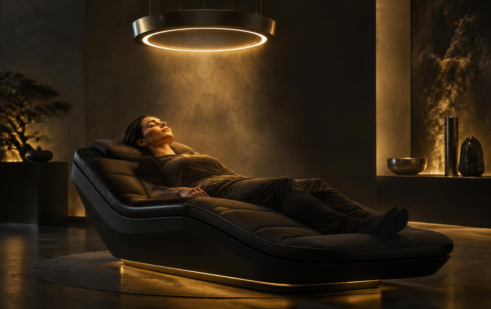 A person reclining on a padded lounger beneath a softly glowing circular light in a dark room